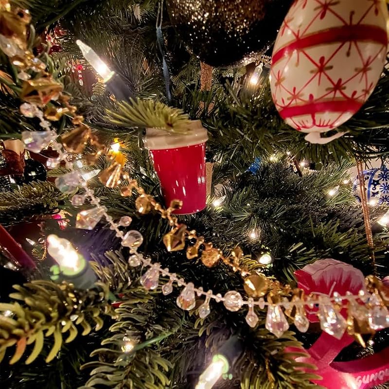 Crystal Bead Garland 16ft - Clear Iridescent & Gold Twist Bead String for Christmas Tree & Weddings