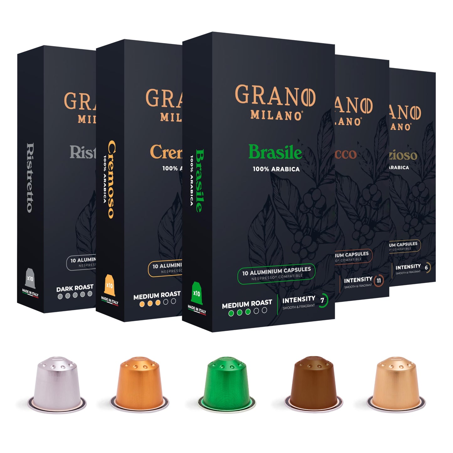 Grano Milano Coffee Pods Aluminium Variety Pack - 50 Coffee Capsules Medium & Dark Roast, Compatible with Nespresso Original line Made in Italy Espresso Coffee