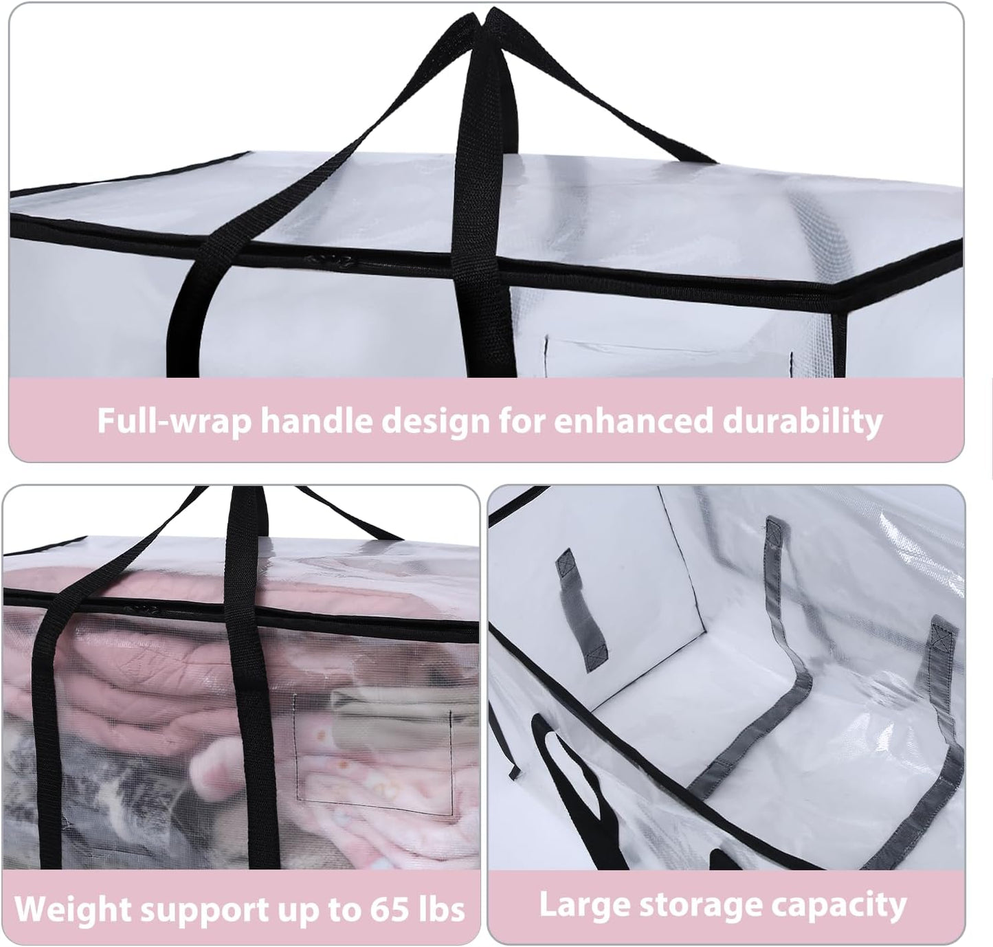 Skiennix Heavy-Duty Extra Large Moving Bags - Waterproof Storage Totes with Handles & Zippers | 6 Pack (Clear)