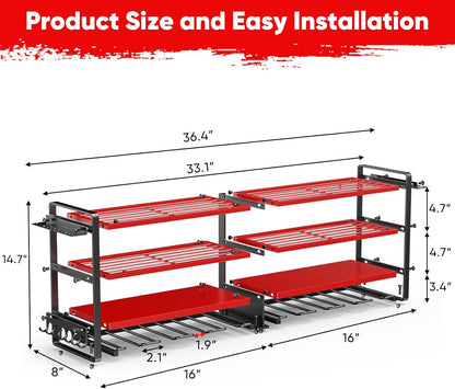 POKIPO Heavy-Duty Power Tool Organizer - Wall-Mounted 4-Layer Shelf for 400lbs Capacity | Includes 8 Drill Bit Holders