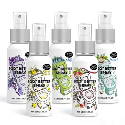Clean-n-Fresh Toilet Spray, 8.5 Fl Oz Variety Pack of 5 - Citrus, Hibiscus, Lavender, Eucalyptus, Beach Coco, Travel Essentials Bathroom Odor Elimination, Air & Toilet Freshener, Each 1.7 Fl Oz