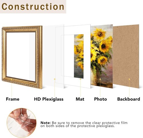JCJMY Vintage Picture Frame Set of 4 - Elegant 8x10 Frames with 5x7 Mats | Shatter-Resistant Plexiglass, Gold