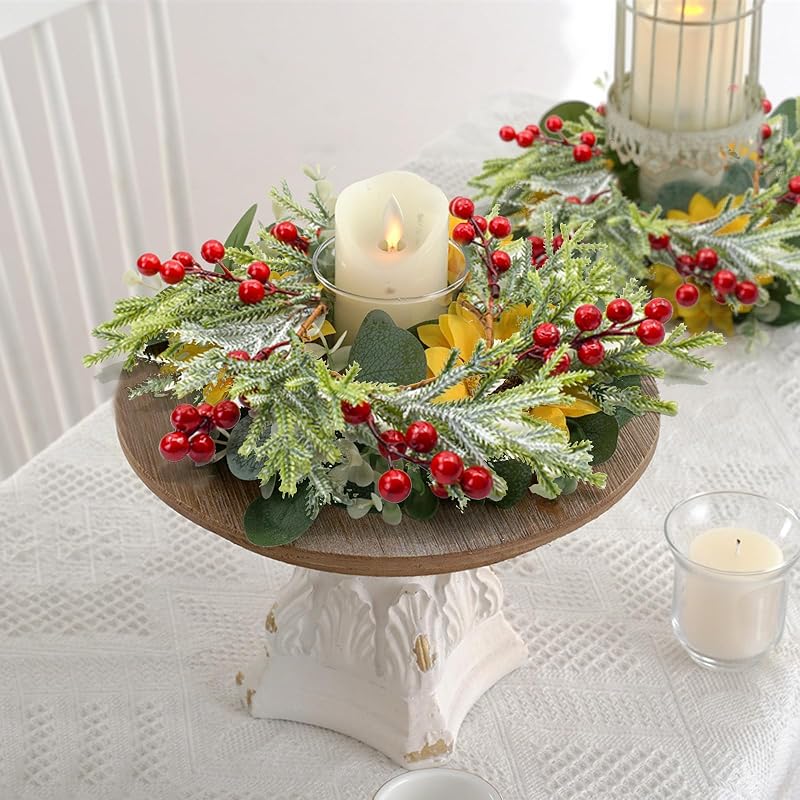 4Pcs Christmas Candle Ring Wreaths with Red Berries and Snowy Pine for Door, Window, Table