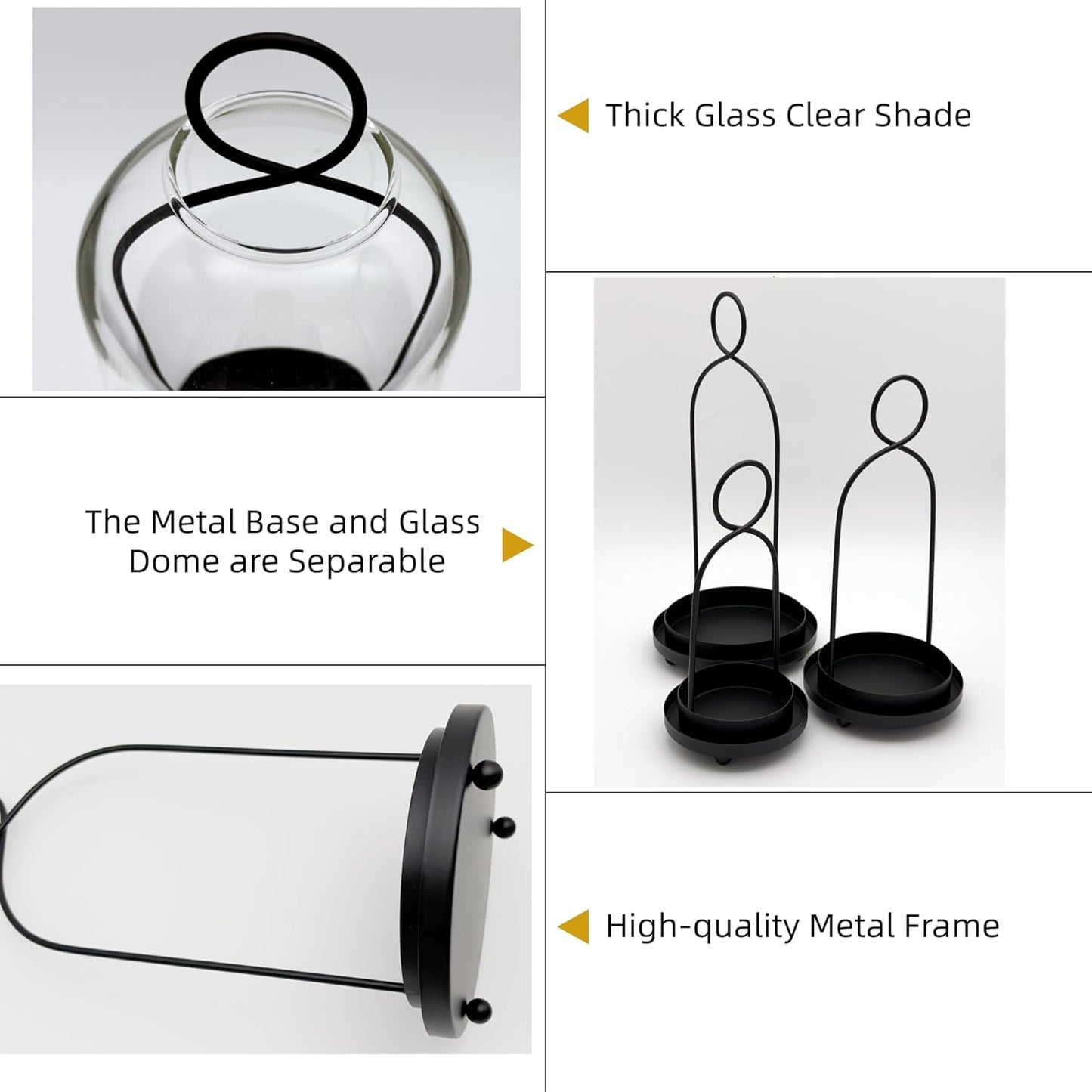 Skiennix 3 Pack Metal Candle Holders - Versatile Black Candlestick Holders with Glass Domes | 5.5", 4.7", 3.9" Wide