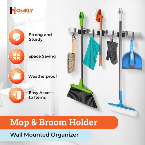 Homely Center Mop and Broom Holder Wall Mount - Heavy-Duty Organizer for Garage & Kitchen | 3 Racks & 4 Hooks