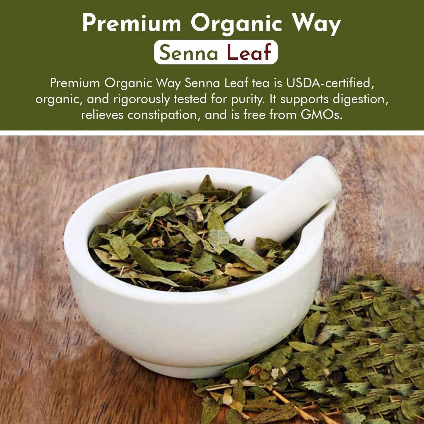 Organic Way Senna Leaf Cut & Sifted (Cassia angustifolia) - Herbal Tea | Kosher & USDA Certified | Vegan, Non-GMO & Gluten Free | Tested for Heavy Metal | 100% Raw from India (1LBS / 16Oz.)