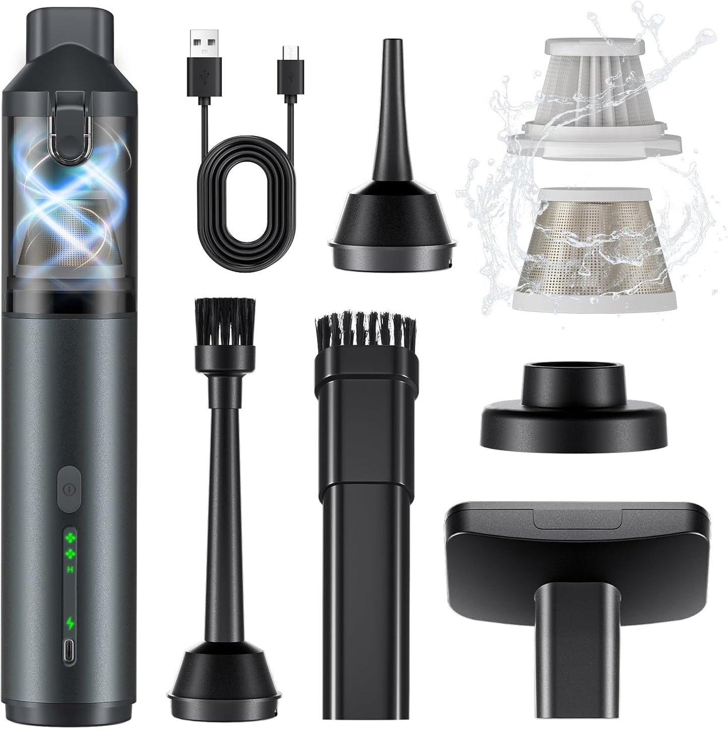 Skiennix Portable Car Vacuum - 16000Pa Powerful Suction | Cordless Rechargeable 4-in-1 Cleaner (Grey)
