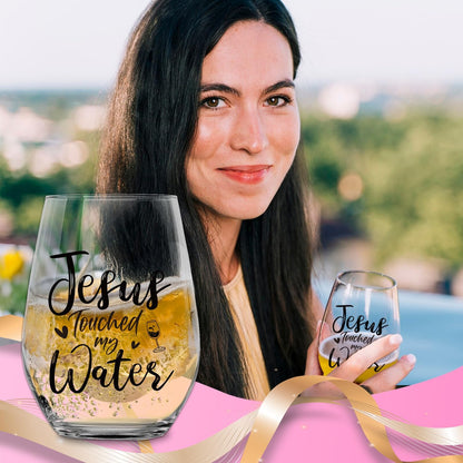 Touched My Water Wine Glasses, Funny Inspirational Gift for Women Gifts for Mom Birthday Father's Day Friendship Retirement Easter Gifts (Clear-Touched Water)