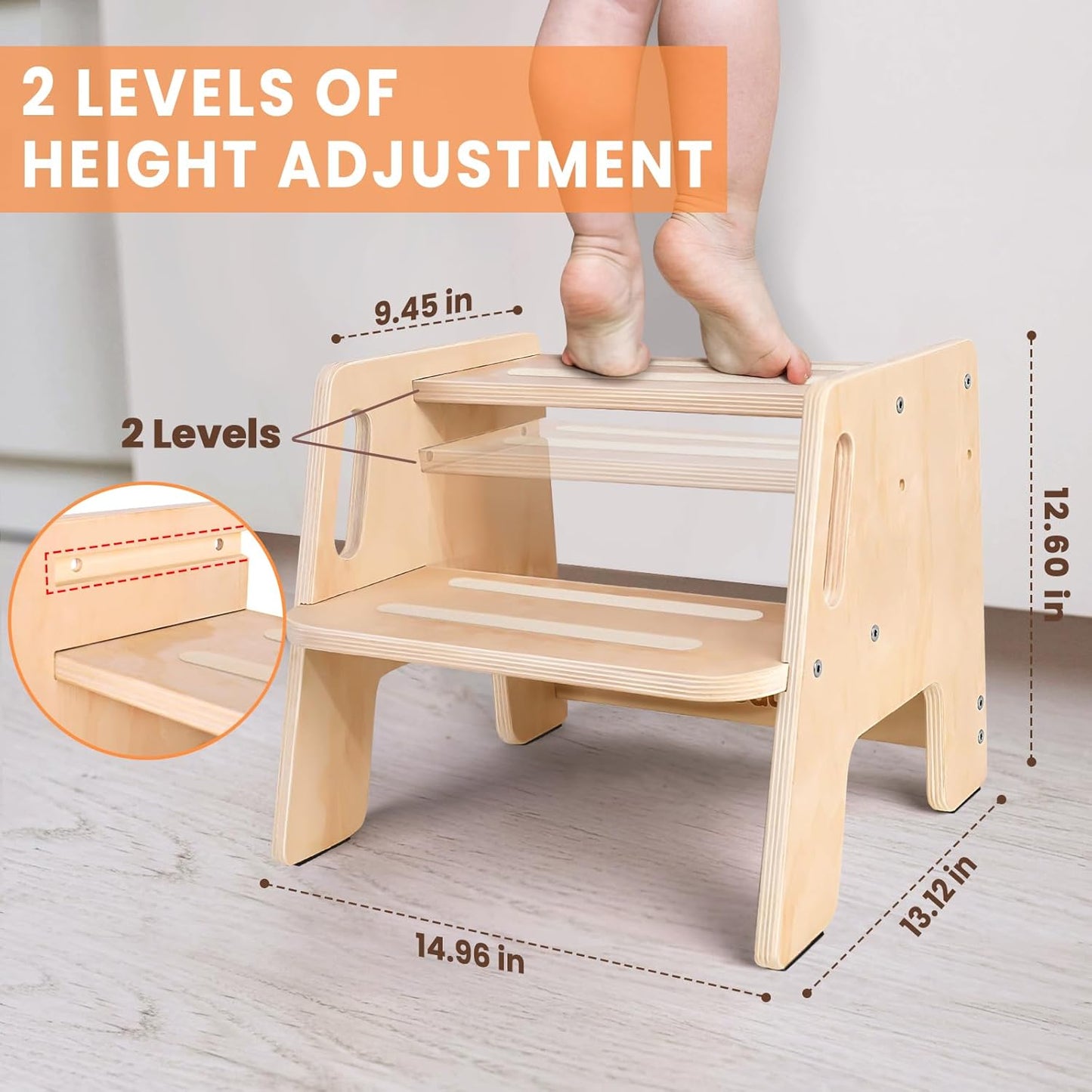 Regine Switzerland Wooden Toddler Step Stool - Height-Adjustable 2-Step Design with Handles for Potty Training
