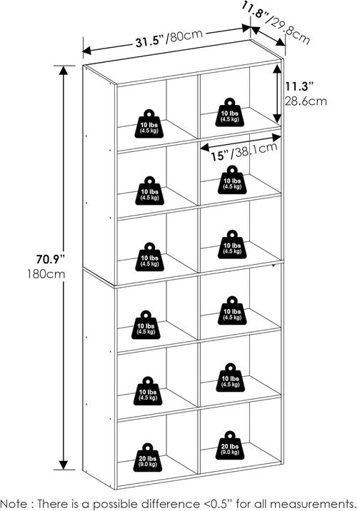Furinno 12-Cube Bookshelf - Stylish Open Shelf Storage Organizer | 12 x 32 x 71 Inches, White