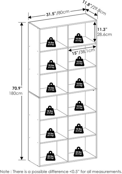 Furinno 12-Cube Bookshelf - Stylish Open Shelf Storage Organizer | 12 x 32 x 71 Inches, White