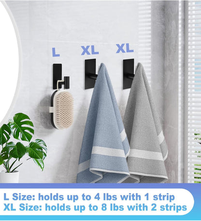 Skiennix Heavy-Duty Towel Hooks - Adhesive Wall Hooks with Removable Strips | X-Large Black 304 Stainless Steel