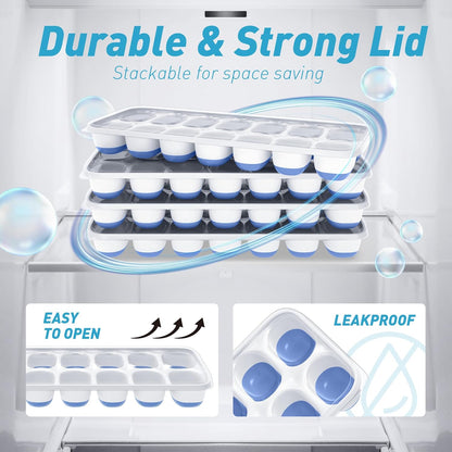 Skiennix Ice Cube Tray - Durable Stackable 4-Pack with Removable Lids | Easy-Release Plastic & Silicone for Cocktails