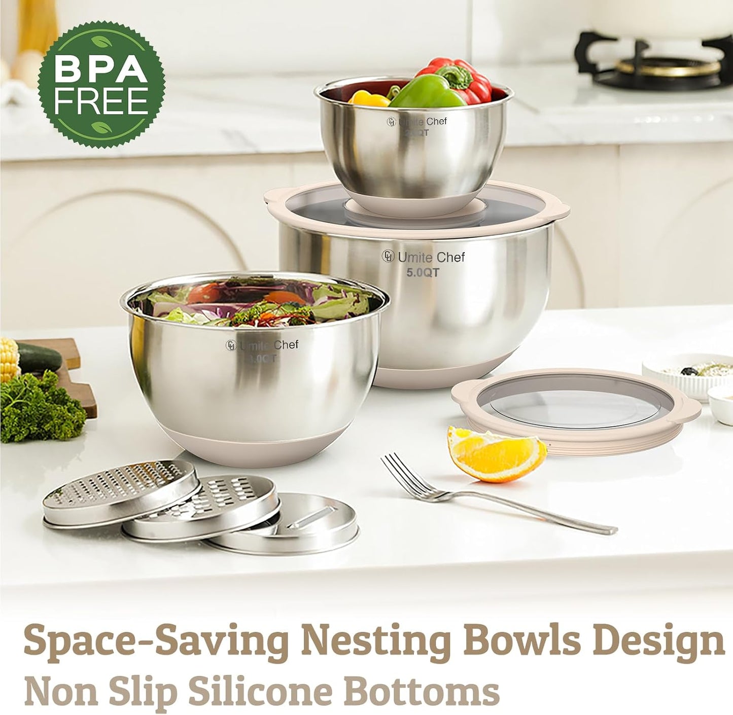 Skiennix Mixing Bowls Set - Airtight Stainless Steel Bowls with Lids & Graters | Khaki 5/3/2/1.5/0.63QT