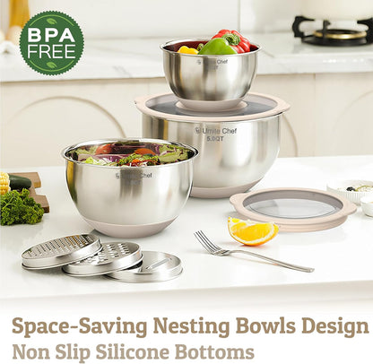 Skiennix Mixing Bowls Set - Airtight Stainless Steel Bowls with Lids & Graters | Khaki 5/3/2/1.5/0.63QT