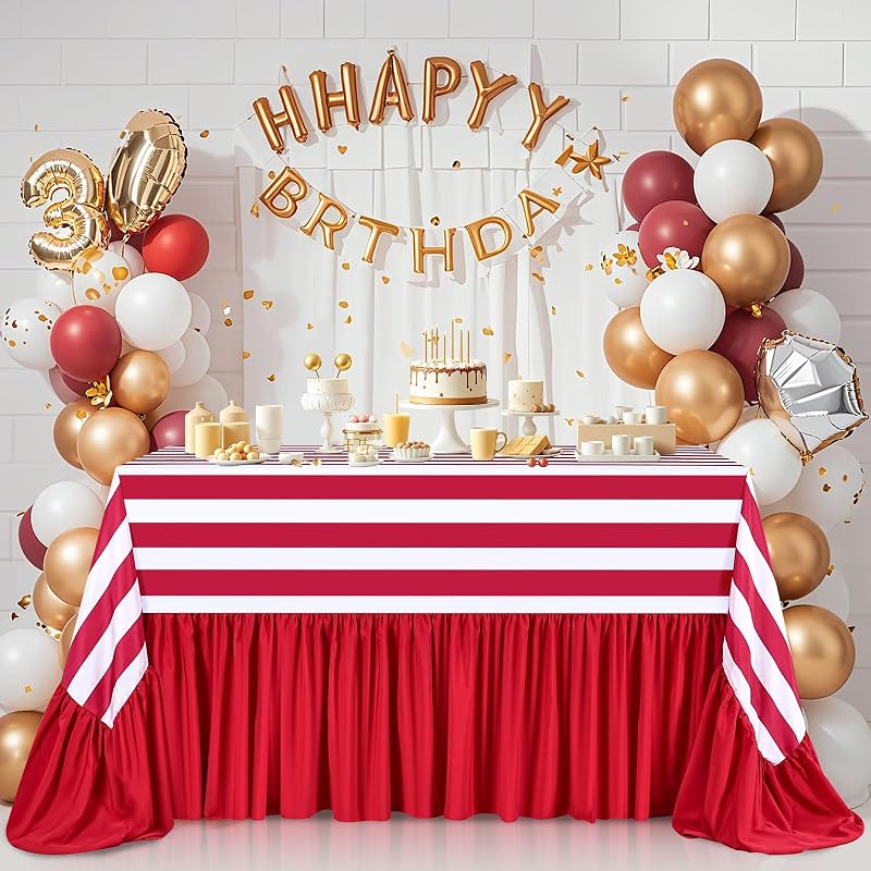 Red & White Striped Ruffle Tablecloth 80x120 In Waterproof Polyester - Birthday Wedding Dinner