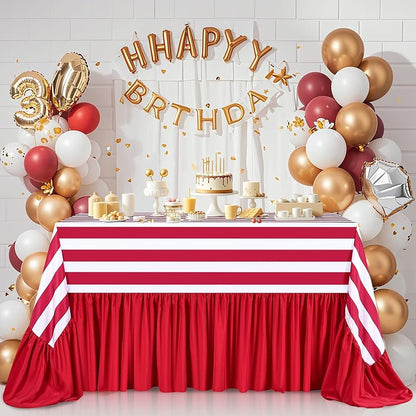 Red & White Striped Ruffle Tablecloth 80x120 In Waterproof Polyester - Birthday Wedding Dinner