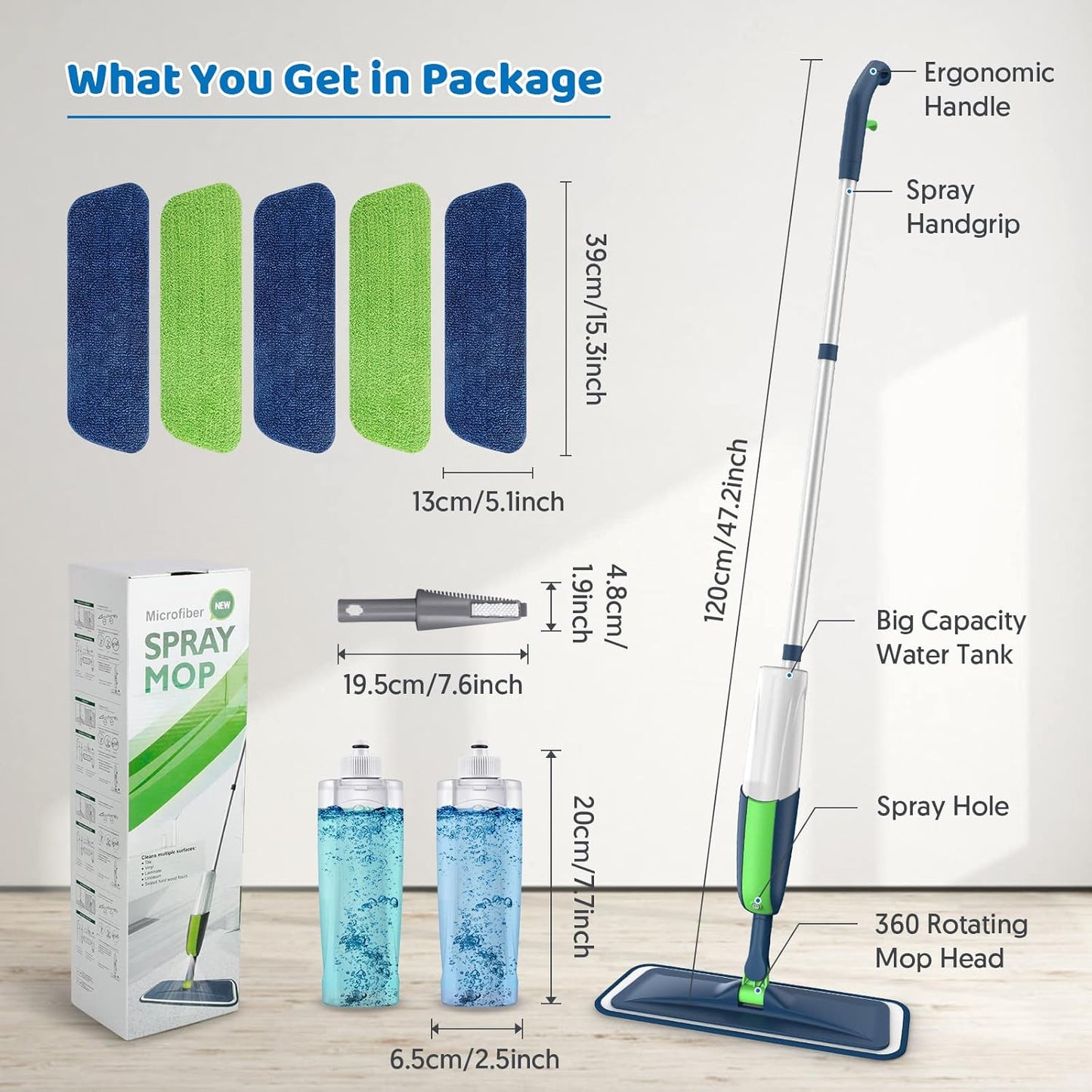MEXERRIS Floor Mop - Spray Wet Mop for Hardwood Cleaning with 5 Washable Pads & 2 Refillable Bottles | Ideal for Home & Commercial Use