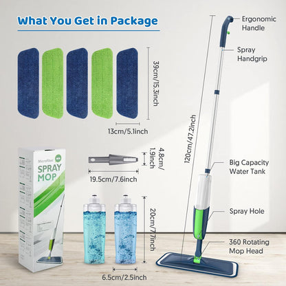 MEXERRIS Floor Mop - Spray Wet Mop for Hardwood Cleaning with 5 Washable Pads & 2 Refillable Bottles | Ideal for Home & Commercial Use