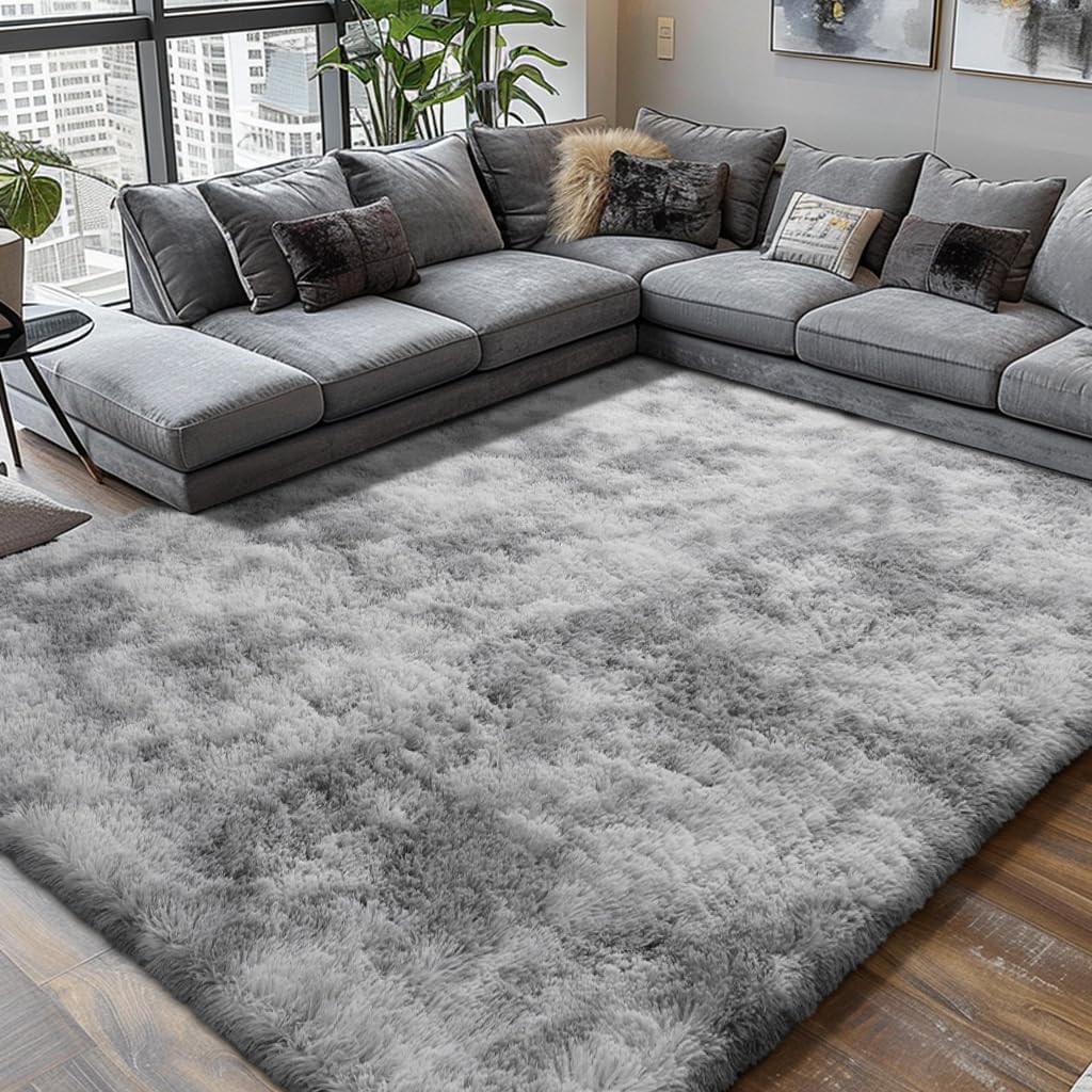 Skiennix Shag Area Rug - Ultra Soft Fluffy Carpet for Bedroom & Living Room | 4x6 Tie-Dye Grey