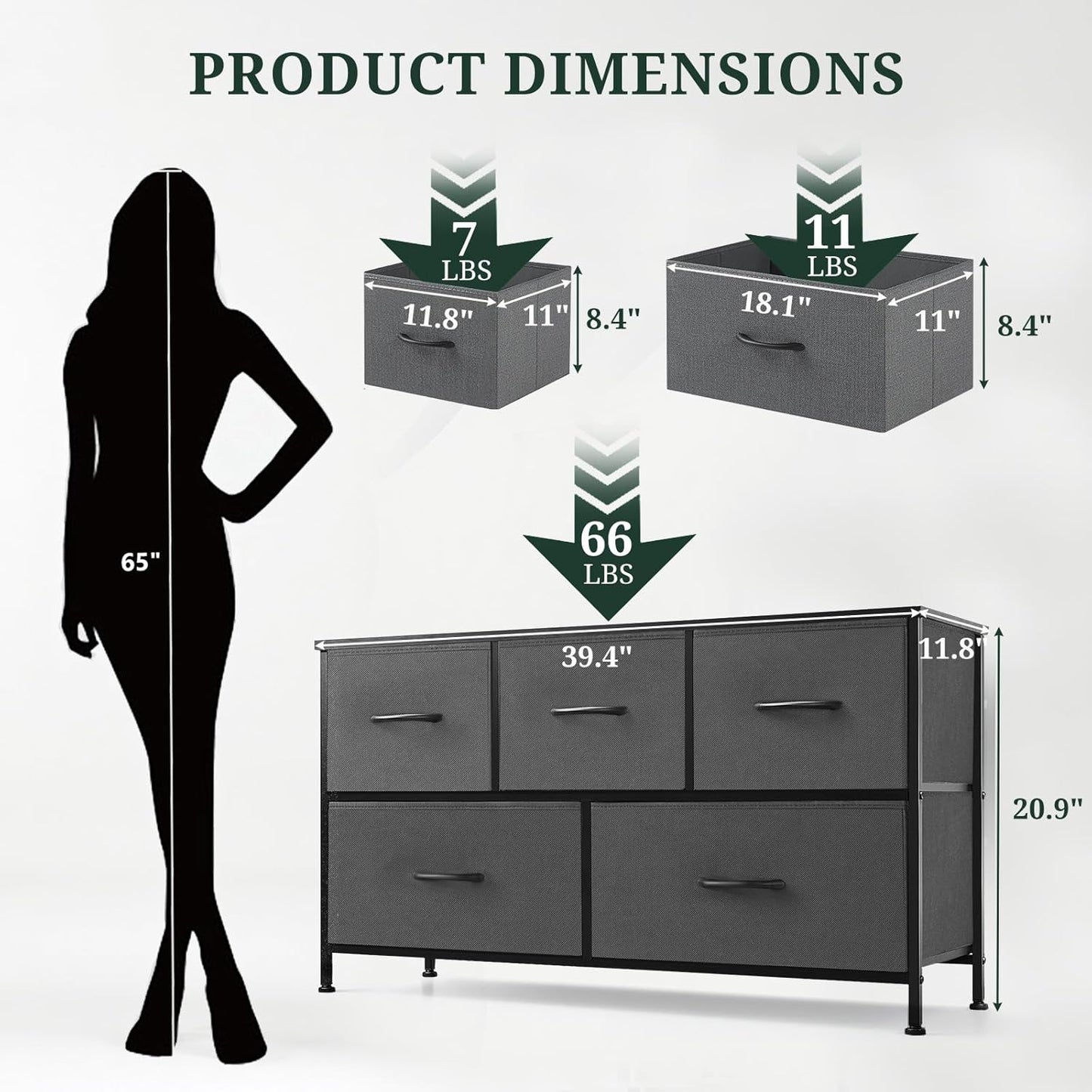 Regine Switzerland 5-Drawer Dresser - Anti-Tip Fabric Storage Organizer with Wooden Top | Gray