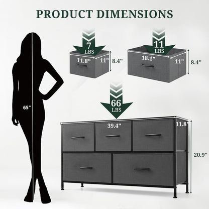Regine Switzerland 5-Drawer Dresser - Anti-Tip Fabric Storage Organizer with Wooden Top | Gray
