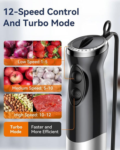 Immersion Blender 1000W - 5-in-1 Handheld Stick Blender with 12 Speeds & BPA-Free Accessories