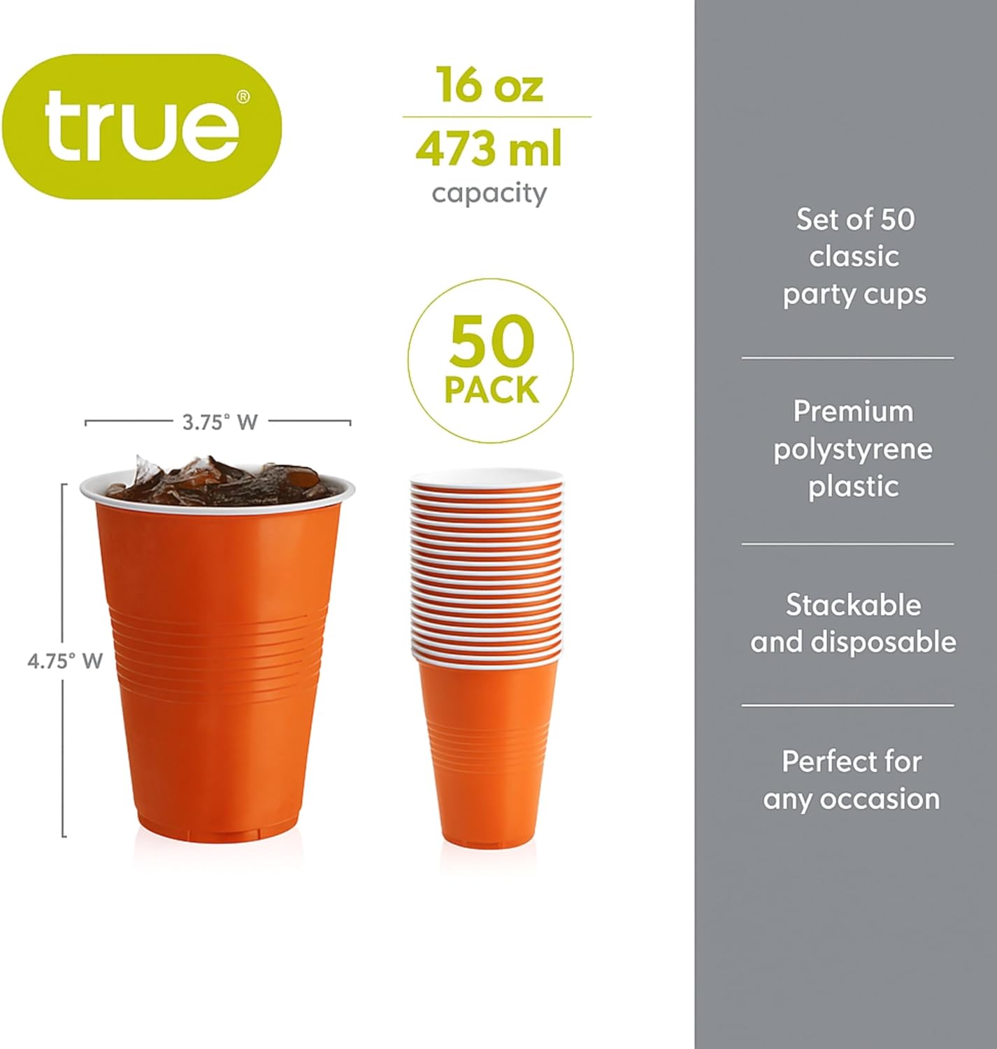 True Plastic Cups - 16 oz Disposable Cocktail & Soda Cups | Set of 50 in Vibrant Orange for Parties & Events