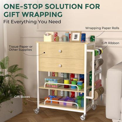 Skiennix Wrapping Paper Organizer - Stylish Craft Cart with Ribbon & Gift Bag Storage | Oak Finish, 2 Drawers