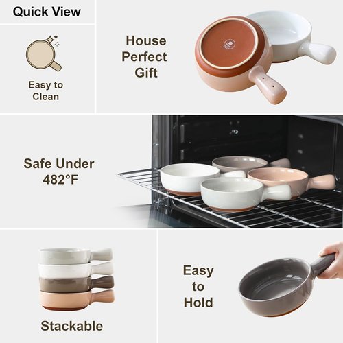 MALACASA 23 Oz French Onion Soup Bowls - Ceramic Crocks with Handles, Set of 4, Multicolor | Oven & Microwave Safe