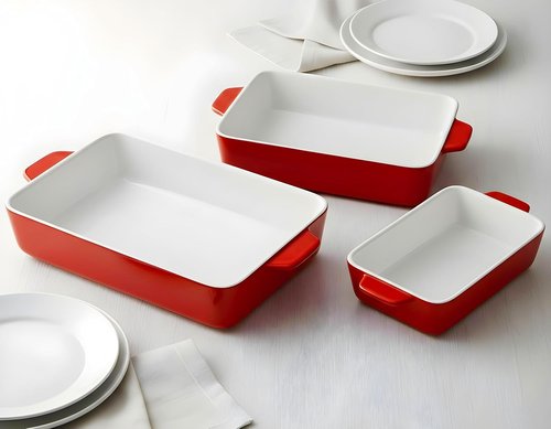 Kook Ceramic Bakeware Set - Rectangular Baking Dishes for Casseroles & Lasagna | 3-Piece Set in Cherry