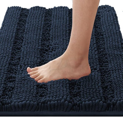 H.VERSAILTEX Bath Rugs for Bathroom Non Slip Bath Mats Extra Thick Chenille Striped Rug 20" x 32" Absorbent Non Skid Fluffy Soft Shaggy Washable Dry Fast Plush Mat for Indoor, Bath Room, Tub - Navy