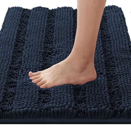 H.VERSAILTEX Bath Rugs for Bathroom Non Slip Bath Mats Extra Thick Chenille Striped Rug 20" x 32" Absorbent Non Skid Fluffy Soft Shaggy Washable Dry Fast Plush Mat for Indoor, Bath Room, Tub - Navy