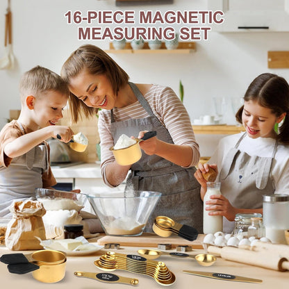 Skiennix 16-Piece Stainless Steel Measuring Cups & Spoons Set - Magnetic Nesting Design, Gold Finish
