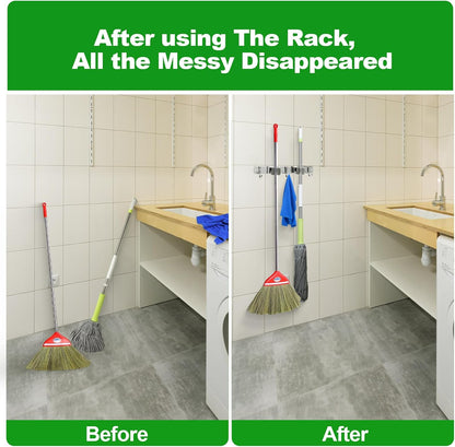 Voze Mop and Broom Holder - 2 Racks & 3 Hooks, Heavy-Duty Wall Mount Organizer for Kitchen & Garage
