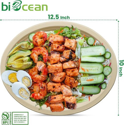 Compostable Oval Plates by Eco-Choice | Heavy-Duty 12.5 Inch Biodegradable Sugarcane Plates - 125 Pack
