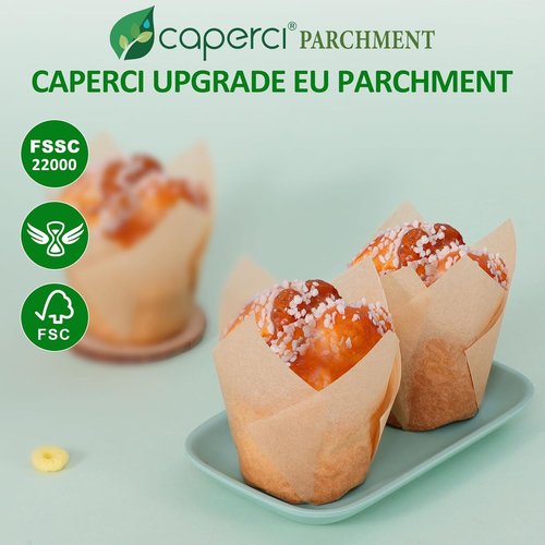 Caperci Natural Tulip Cupcake Liners - 150 Unbleached Parchment Baking Cups for Parties & Events
