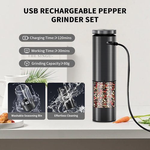 Electric Salt and Pepper Grinder Set Stainless Steel Salt and Pepper Mill Led Light Automatic One Handed Operation Rechargeable Adjustable Shakers Ceramic Rator 2 Pack Black Stainless Steel