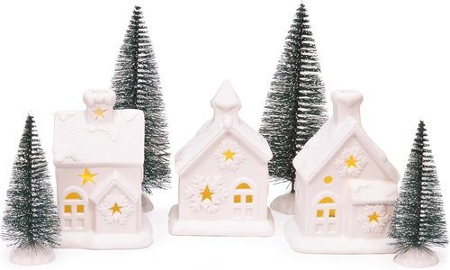 Mark Feldstein & Associates Pre-Lit LED Cozy Knit Winter Village - 7 Piece Unglazed Porcelain Tabletop Set