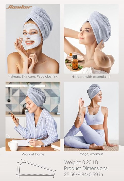 Hicober Microfiber Hair Towel, 3 Packs Hair Turbans for Wet Hair, Drying Hair Wrap Towels for Curly Hair Women Anti Frizz (Grey,Blue,Grey)