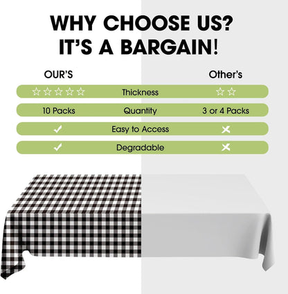 Pureegg Disposable Table Cloths - 10 Pack, 54 x 108 Inch, Leakproof Black & White Gingham Design