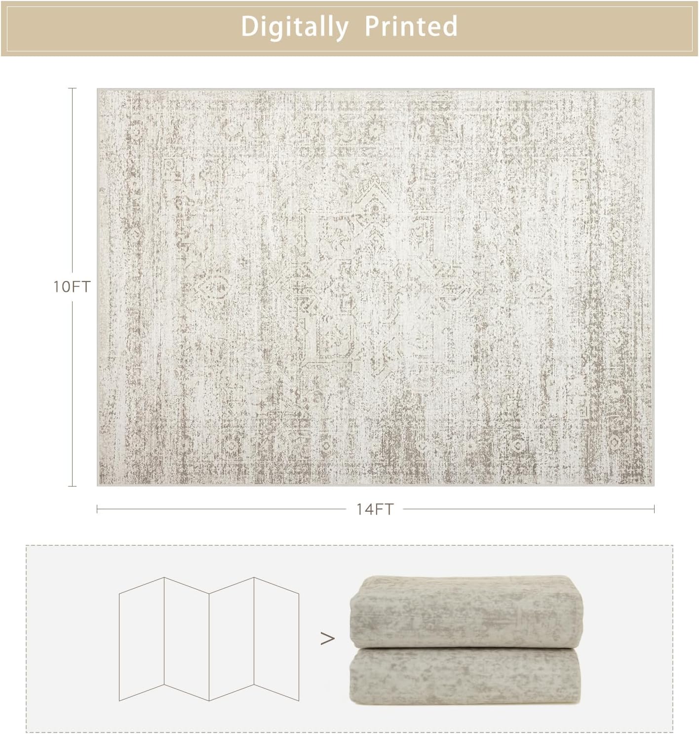 Srugn Washable Area Rugs - Ultra Soft Faux Wool 10x14 Living Room Carpet | Non-Slip Vintage Print Rug