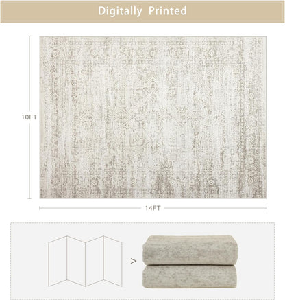 Srugn Washable Area Rugs - Ultra Soft Faux Wool 10x14 Living Room Carpet | Non-Slip Vintage Print Rug