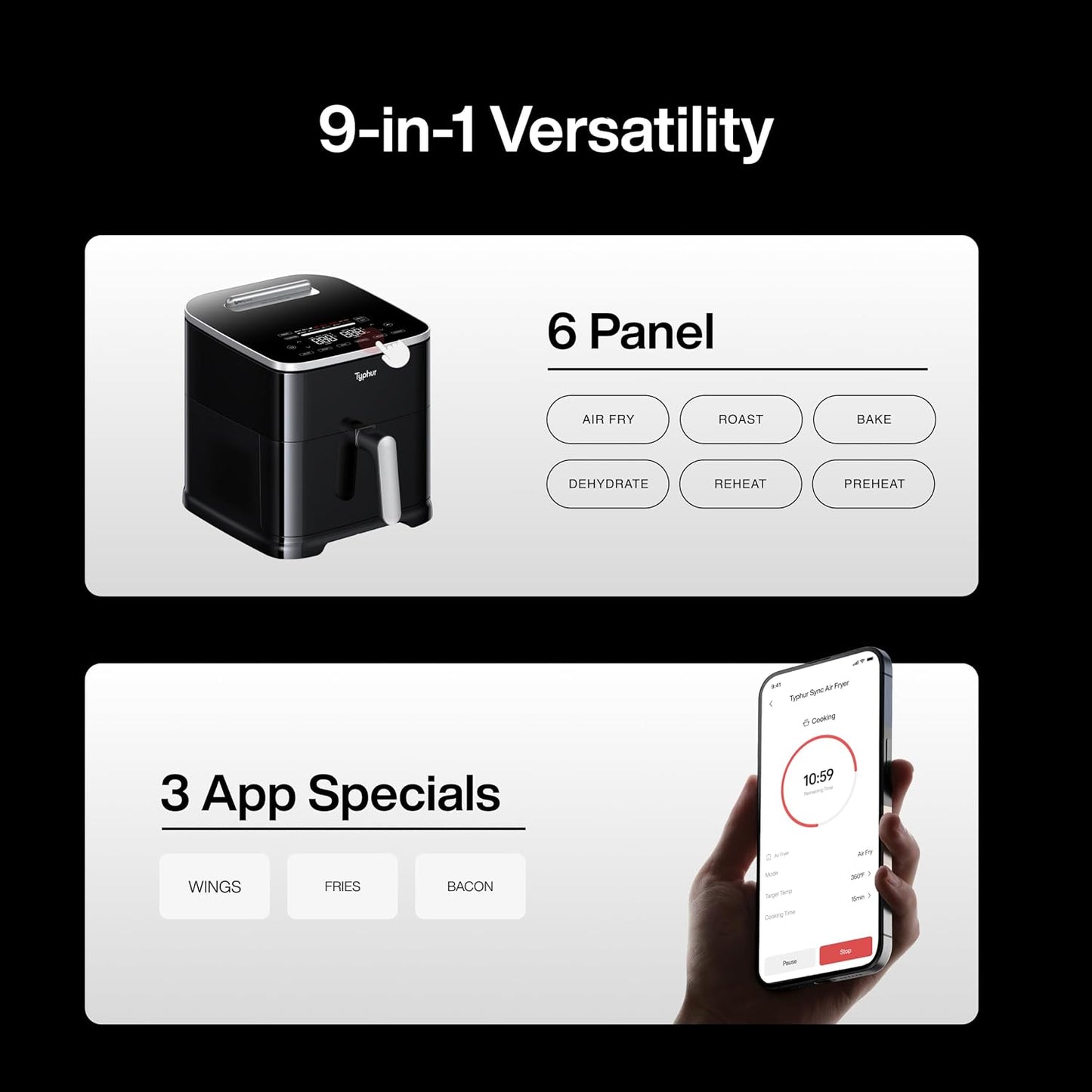 Typhur Sync 8QT AI Smart Air Fryer - 9-in-1 Non-Toxic Ceramic with Wireless Thermometer | Cooks 6lb Chicken