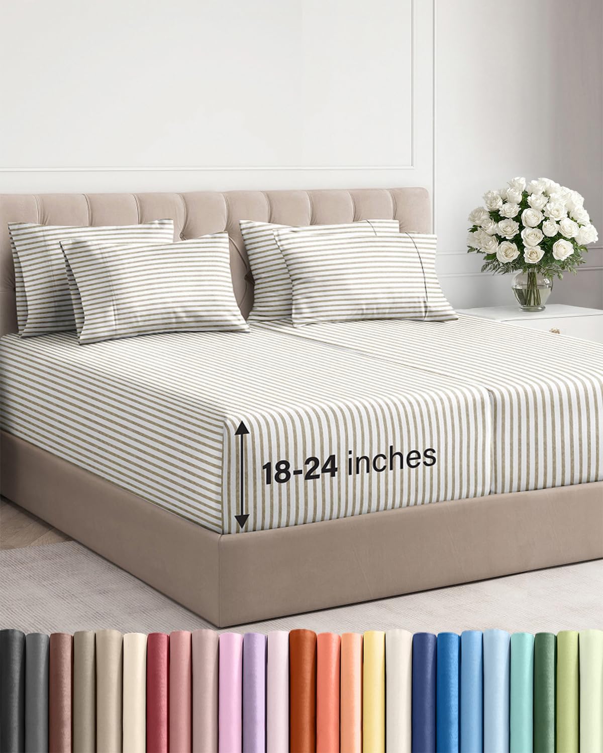 Skiennix Extra Deep Split King Sheet Set - 7 Piece Cooling Bedding - Soft, Wrinkle-Free, Beige Stripes