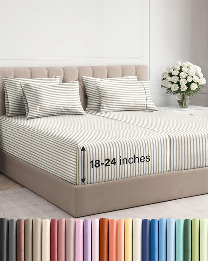 Skiennix Extra Deep Split King Sheet Set - 7 Piece Cooling Bedding - Soft, Wrinkle-Free, Beige Stripes