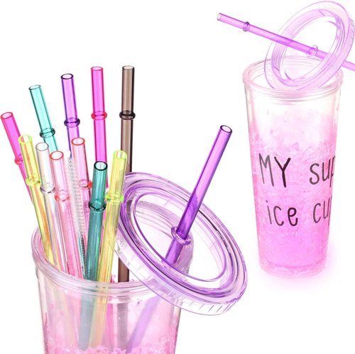 Dakoufish 13" Long Reusable Plastic Drinking Straws - Set of 12 for Mason Jars & Tumblers, 7 Colors with Cleaning Brush