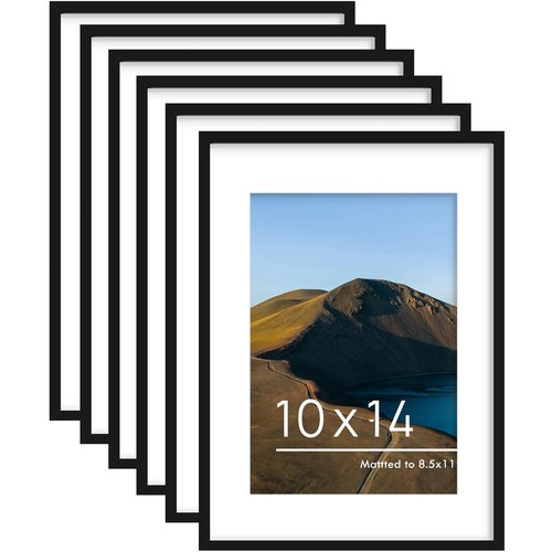 PEALSN 10x14 Picture Frame Set of 6, Display Pictures 8.5 x 11 with Mat or 10 x 14 without Mat for Wall Mounting Display, Photo Frames Collage for Wall Decor, Black.