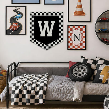Racing Checkered Initial Pennant Flag - Personalized Name Gift for Boy Bedrooms (Variation room-W)