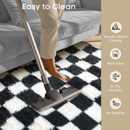 Ophanie Checkered Black & White Area Rug - Fluffy Soft Shaggy Carpet for Living Room & Bedroom | 4x6 Furry Decor